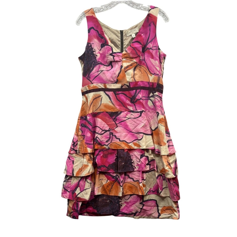 Moulinette Soeurs Anthropologie Silk Floral Tiered Ruffle Dress Pink Cocktail
